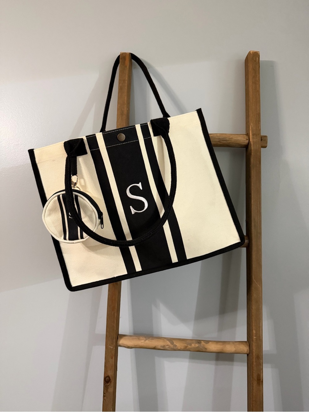 Cream and Black Striped Tote with Monogrammed 'S' and Coin Pouch